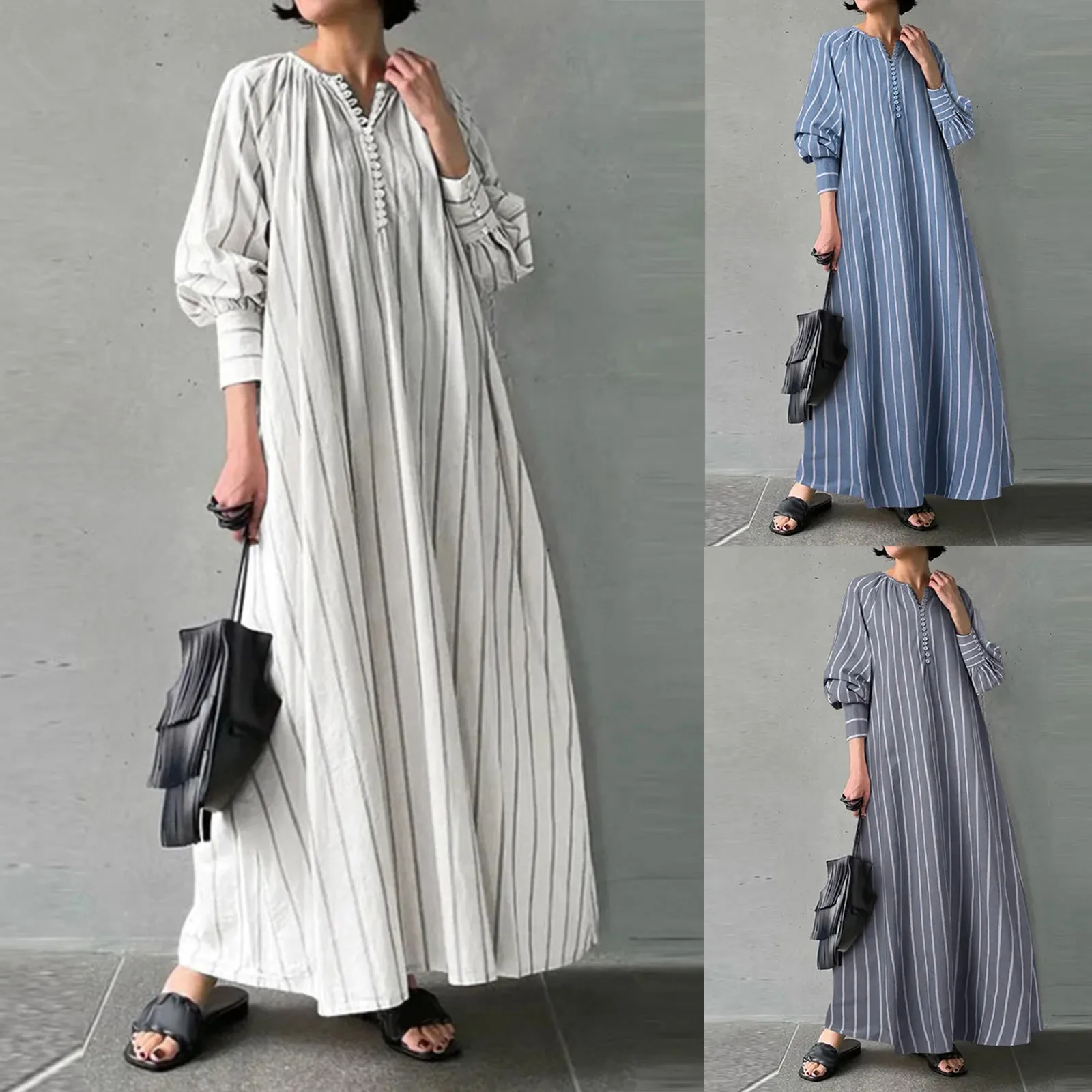 Arabic Abaya Kaftan Islamic Ramada Prayer Women Gown Dubai Turkey Striped Casual Retro Fashion Linen Robe Dress Muslim Clothing