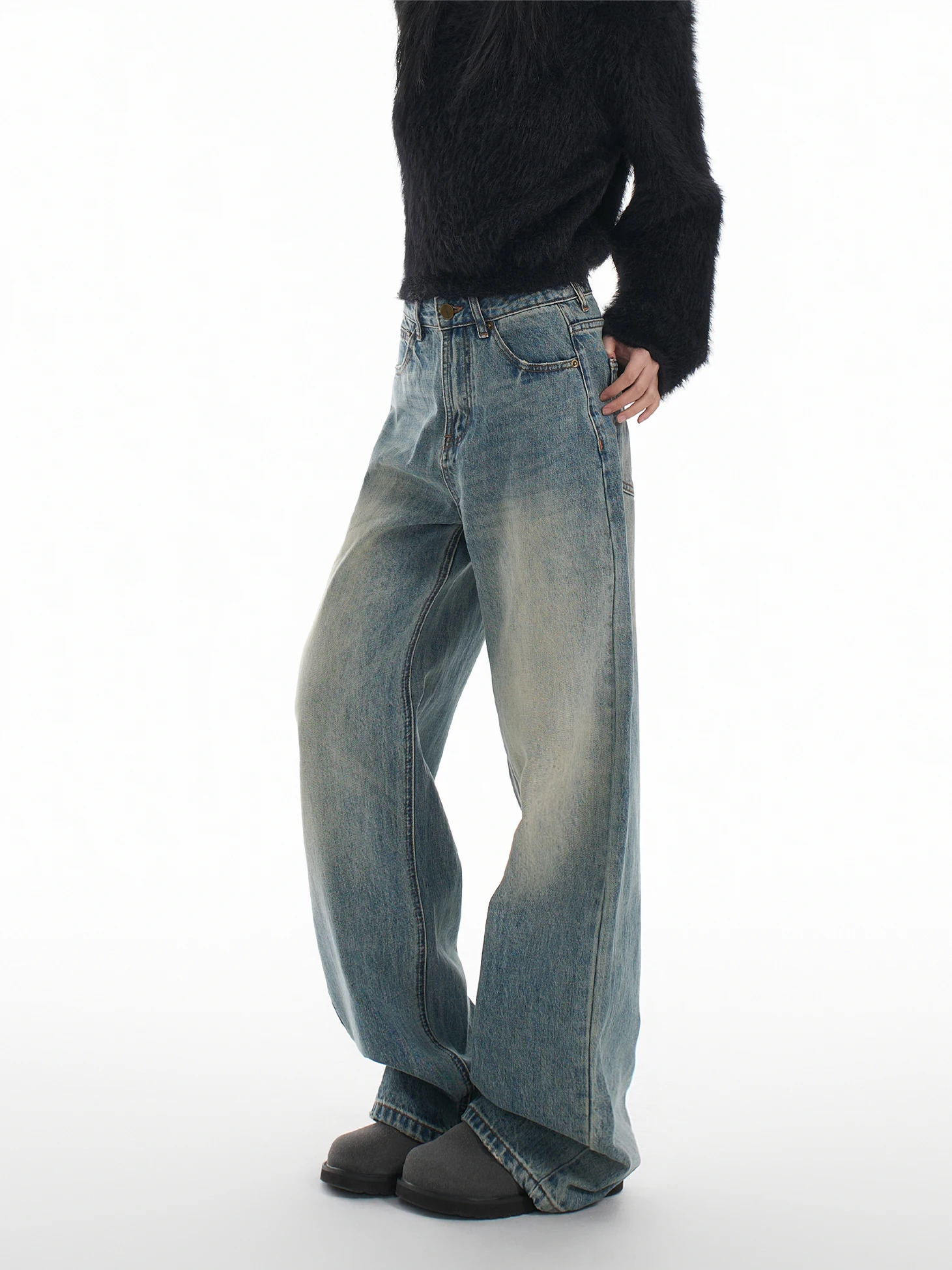 

Американские широкие джинсы в стиле ретро с низкой талией, выцветшие свободные прямые брюки длиной до пола для женщин, осенние новые повседневные брюки...