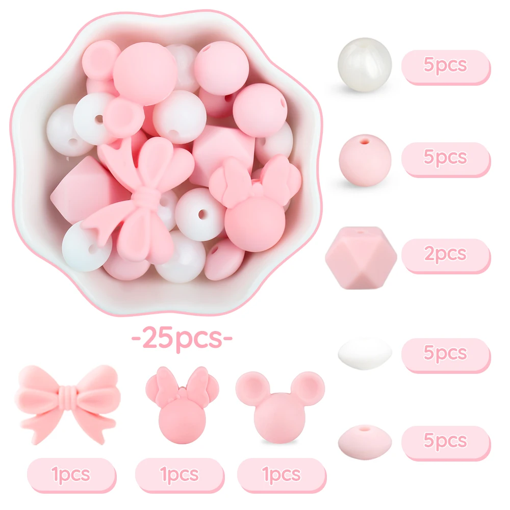 25Pc BPA Free Baby Silicone Beads Pacifier Clips Chain Butterfly Cartoon Animal Shape Teether Teething Beads Newborn Accessories