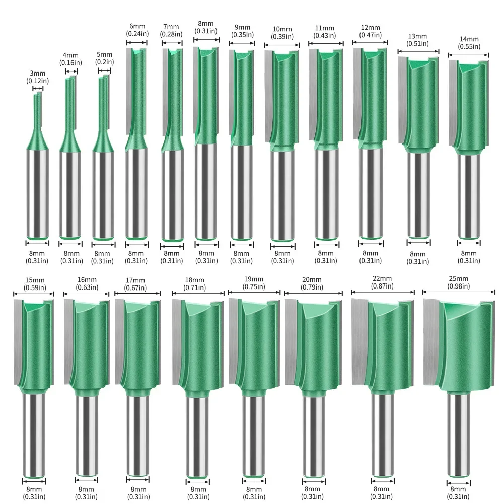 20PCS Router Bit Set, 8mm Shank Single Double Flute Straight Bit Milling Cutting, Cemented Tungsten Carbide Milling Cutting