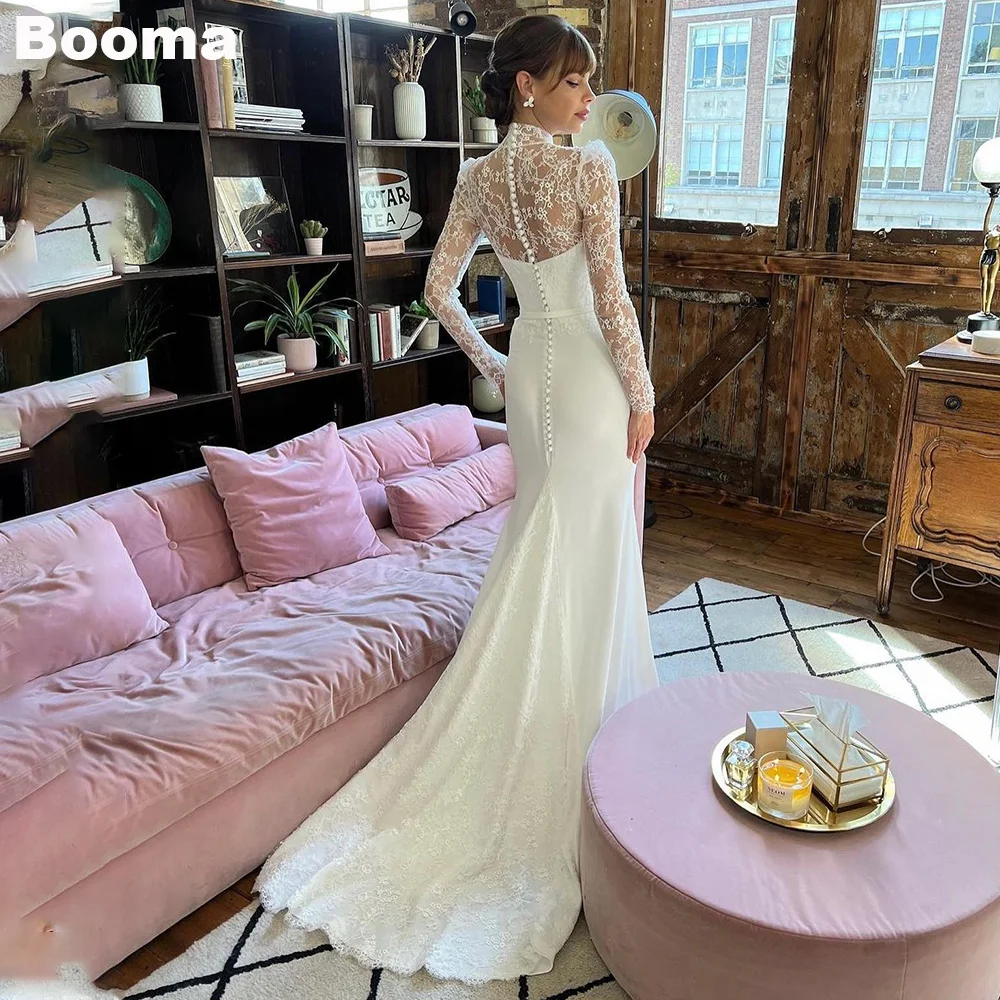 

Booma Elegant Mermaid Wedding Dresses for Women High Lace Long Sleeves Brides Dress for Women Button Train Long Evening Gowns