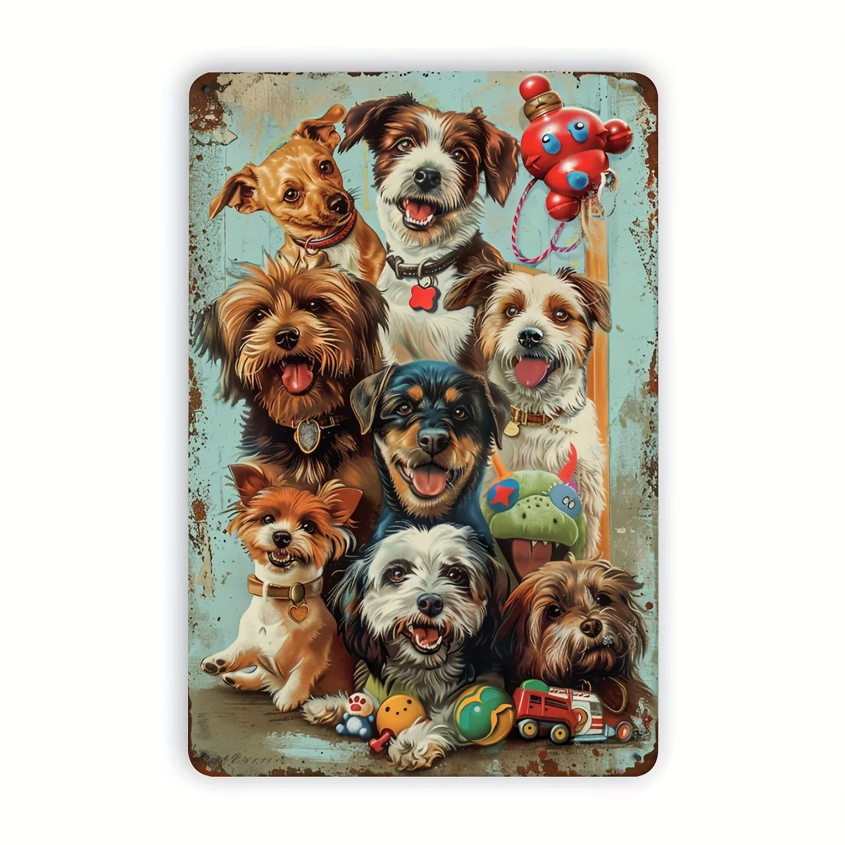 Vintage Metal Iron Wall Art Sign -  Rustic Dog Decor with 9 Playful Dogs & Colorful Toys, Durable Indoor/Outdoor Decoration for