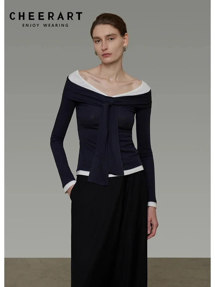 CHEERART Fake Two-Piece Long Sleeve Top And Blouse Woman Tie Slash Neck Royal Blue Knitwear Preppy Knitted Top 2025 Fall Clothes