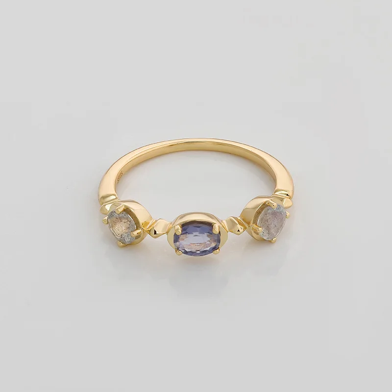 Simple color gemstone moonlight goddess lapis lazuli labradorite S925 silver plated 14k gold ring