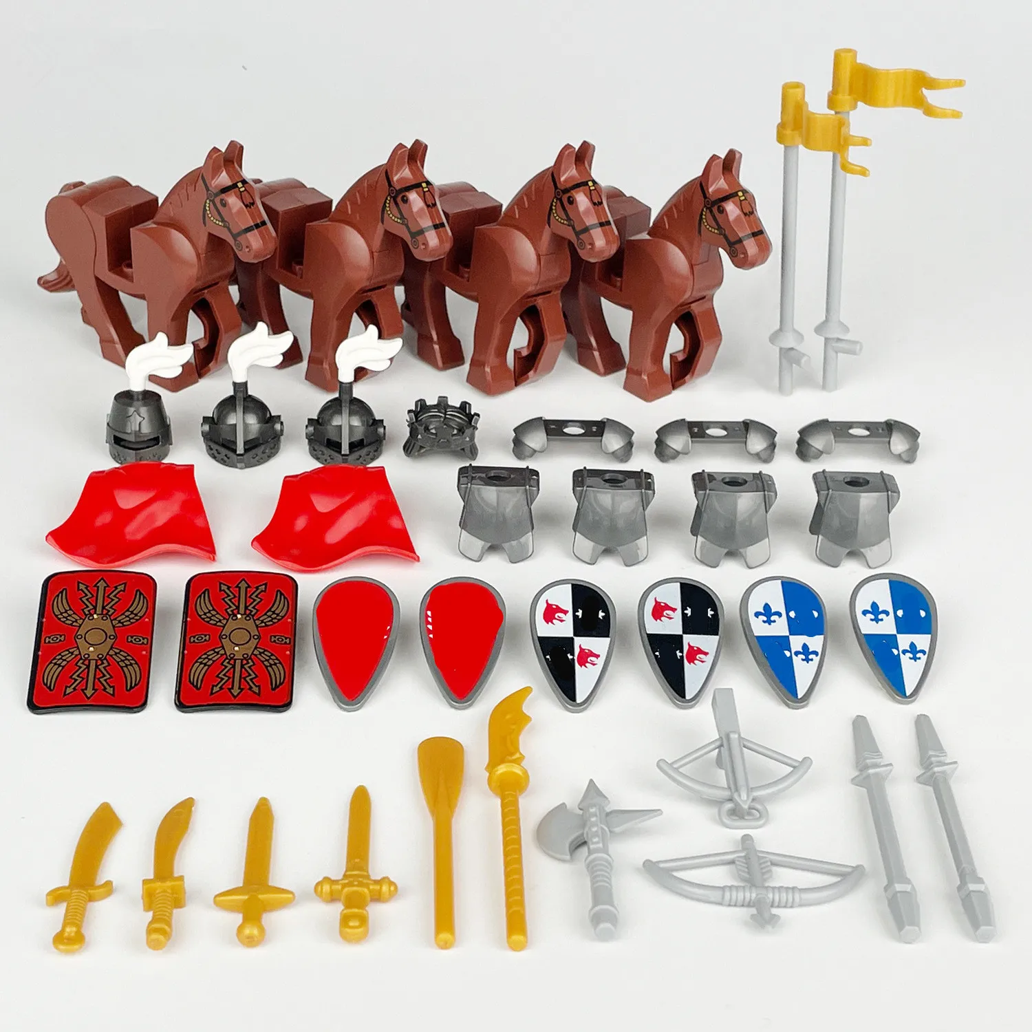 

MOC Medieval Military Weapons Building Blocks Kit War horse Soldiers Figures Helmets Armor Spear Sword Bow Sword Axe Bricks Toys