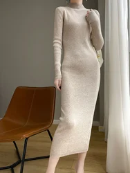 Kobiety Kaszmirowy Sweter Sukienka Jesień Zima Mock Neck Slim Solidny Miękki Pullover 100% Wełna Merino Dzianina Koreańska Popularna Odzież