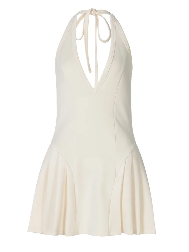 فستان مثير عميق على شكل حرف V مفرغ بدون ظهر فستان نسائي أنيق بدون ظهر فستان حفلات الأعياد ملابس بحر 2025