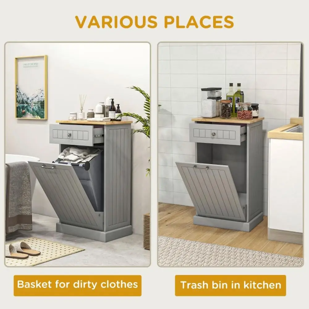 Free Standing Tilt-Out Trash Bin Cabinet with Drawer - Gray Recycling Holder for Kitchen | Shipping