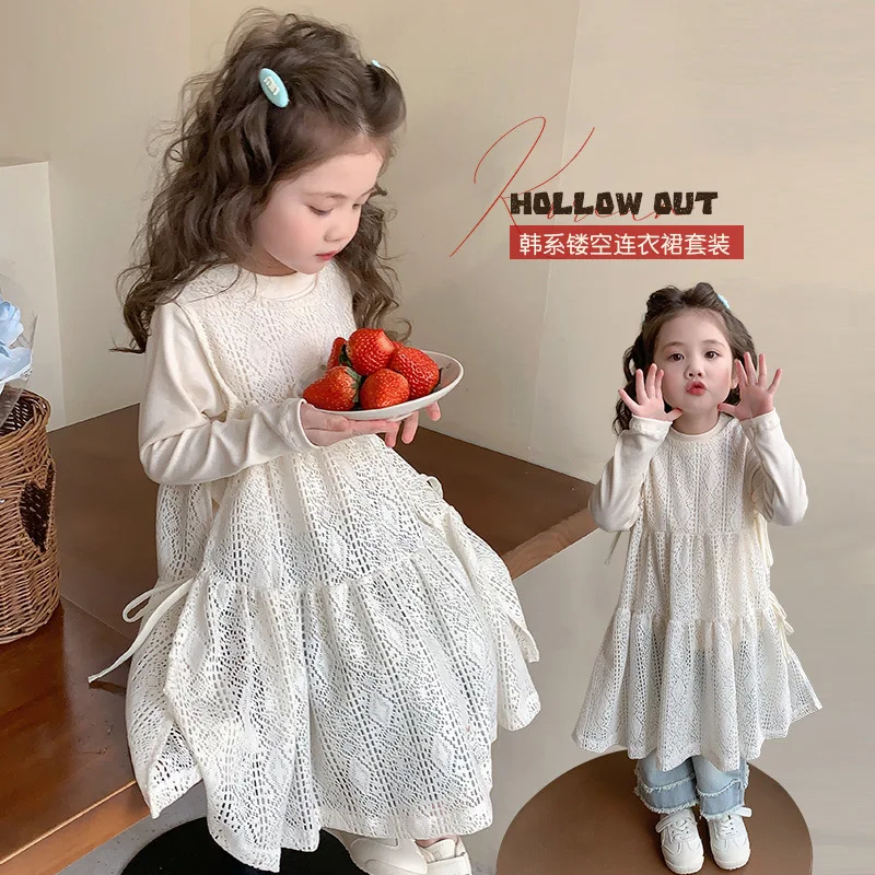

Girls Hollow Out Dress Set Children's Fashion Little Girl Layered Vest Dress Base Shirt Two-Piece Set Trendy