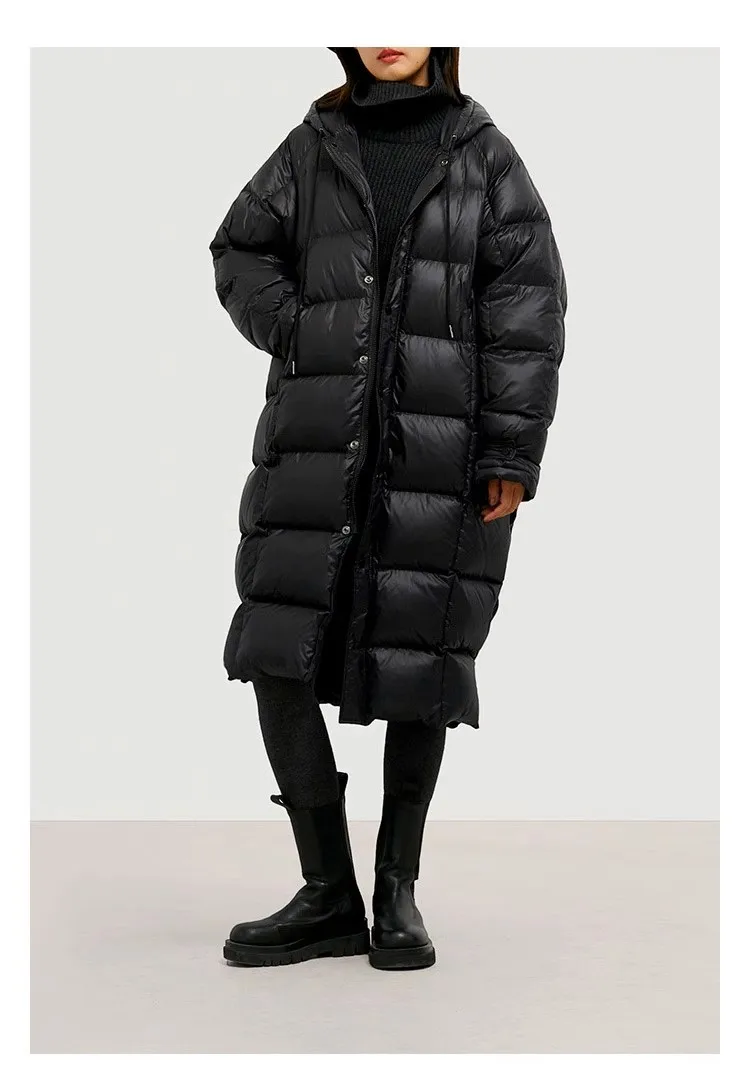 Filling Material: Duck Down~Couple Style Long Over-The-Knee down Jacket, Unisex Black Coat for Petite Individuals, New Winter Model