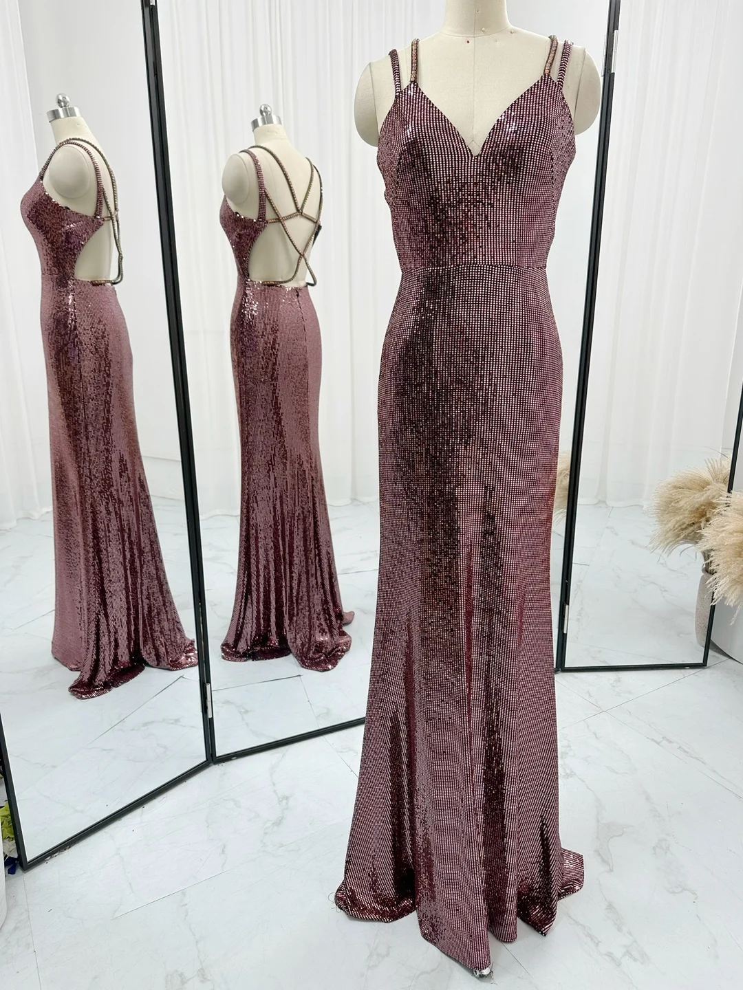 Purple -Red Suspender Sequin Mermaid Long Skirt Light Luxury High -End Evening Dress M1251