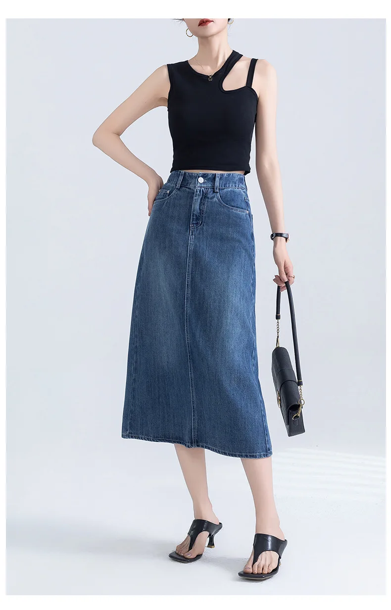 Gonna a metà corpo in denim di tendenza da strada Donna Primavera ed estate Nuovo temperamento Mezze gonne a trapezio casual a vita alta di media lunghezza