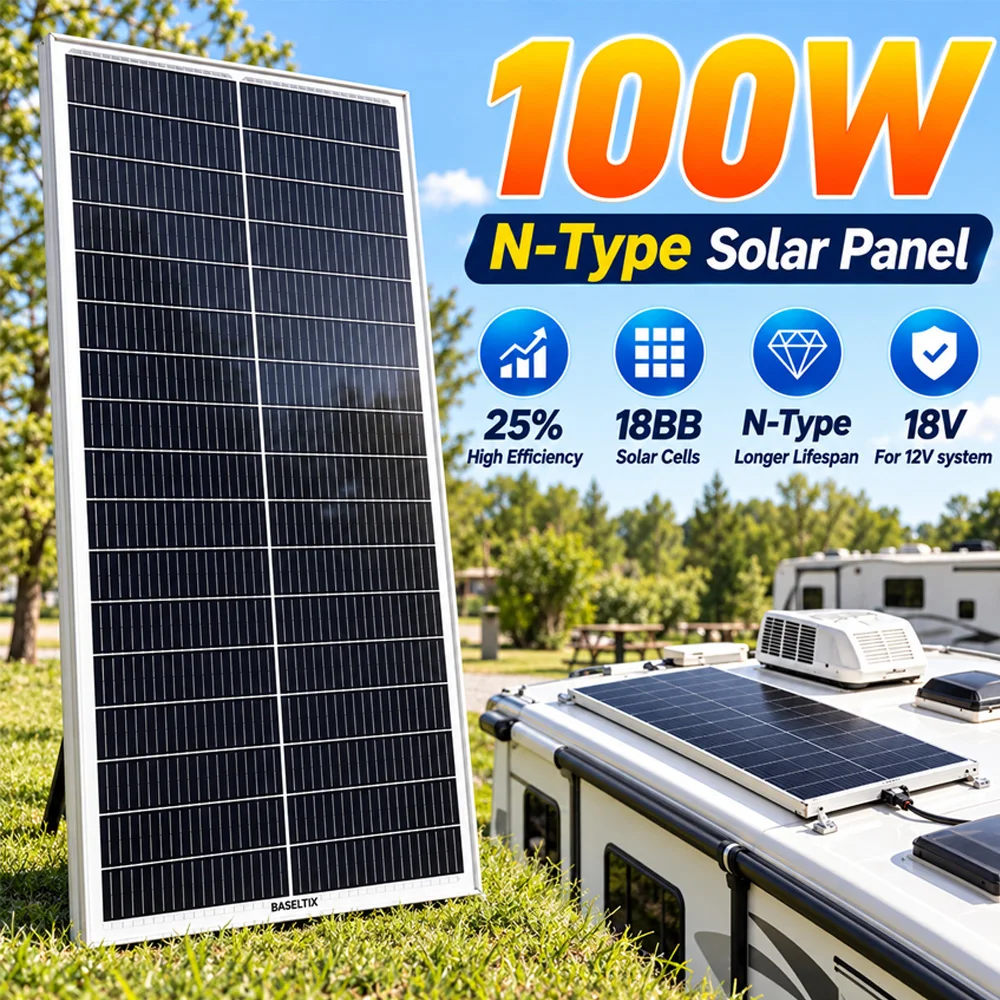 BASELTIX 100W N-Type Solar Panel 18BB 25% High Efficiency Monocrystalline Solar Module for Outdoor RV Roof Boat Cabin Home Off-Grid