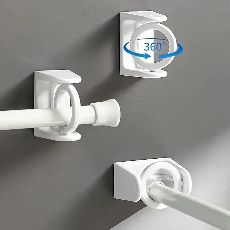 2PCS 360° Rotating Self-Adhesive Curtain Rod Brackets - No Drilling Plastic Door Mount Hooks, Polished Finish, Adjustable Ang...