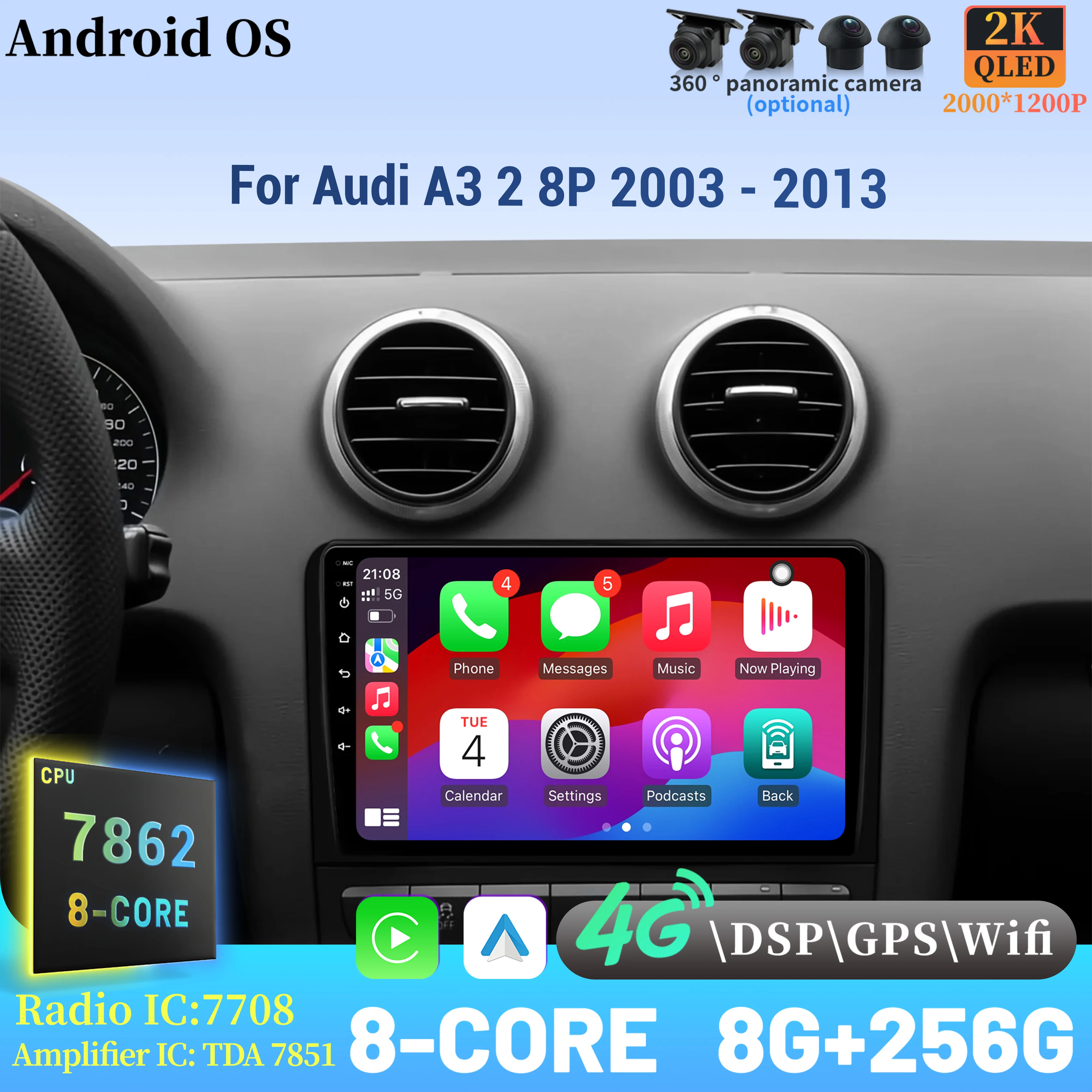 

Android 14 Radio Car Multimedia Player 7862 8+256 radio Touch Screen For Audi A3 2 8P 2003 - 2013 Wireless CarPlay