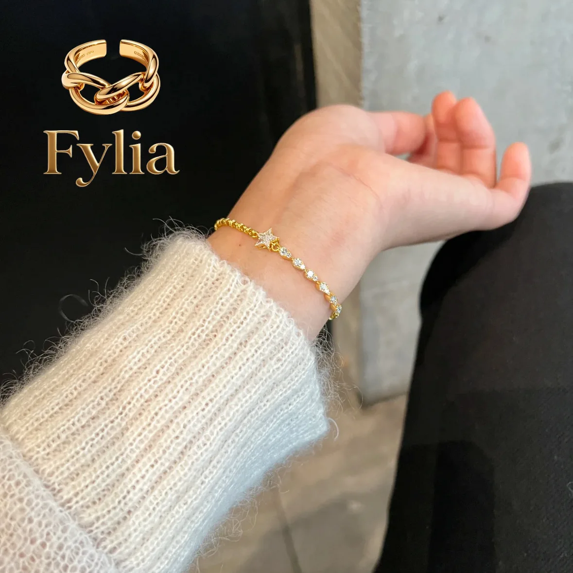 Fylia Jewelry   999 24K real gold star four-pointed star bracelet for women ins full diamond fashion versatile bracelet temperam