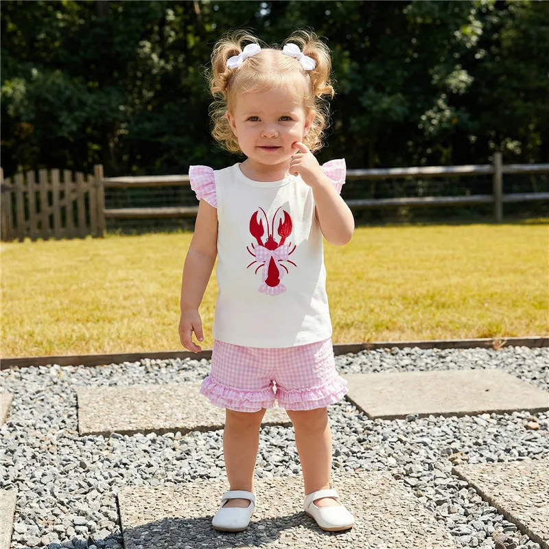 

1-4years Girls 2 Piece Outfits Lobster Bow Embroidery Flying Sleeve Tops Plaid Shorts Set for toddler girls