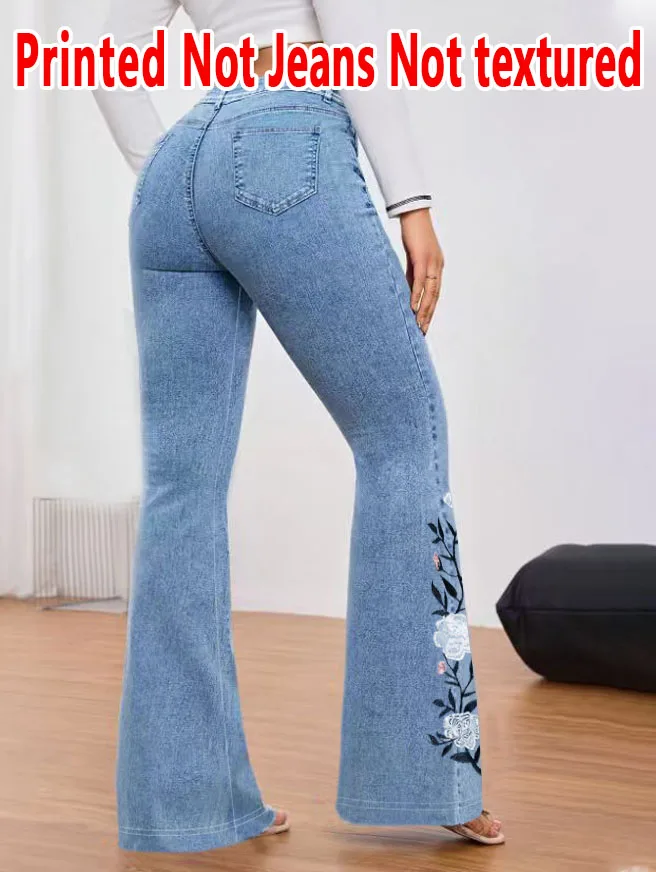 1290 [Printed Pants - Not Faux Denim Fabric]2D Printed Faux Effect, Printed Flared Trousers - Non-Faux Denim Fabric,