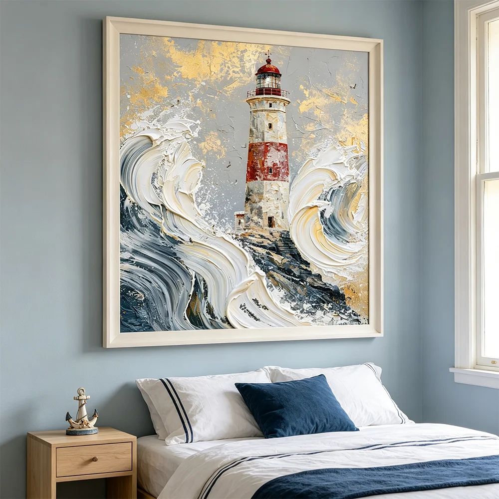 Sea Wave Light House Painting Calligraphy Scenery Canvas Poster Wall Prints for Living Room Bedroom Office Home Decoration