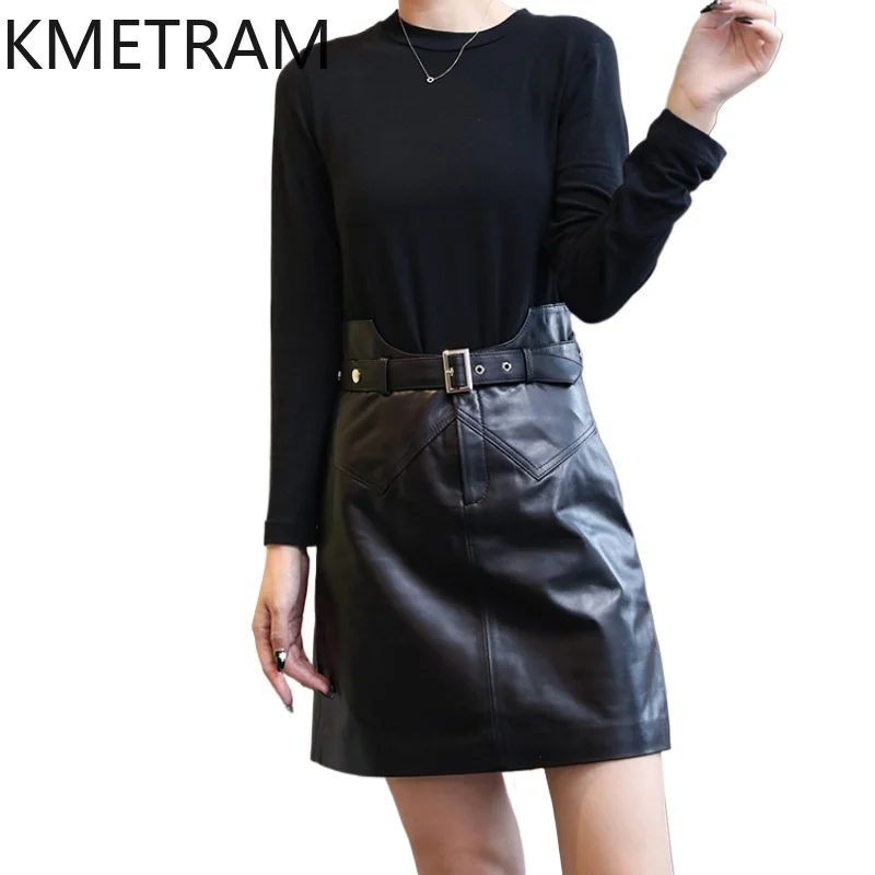 KMETRAM Real Sheepskin Skirts Women Clothing Genuine Leather Skirts for Woman High Waist Autumn Winter Skirt Hip Wrap Skirt 2024