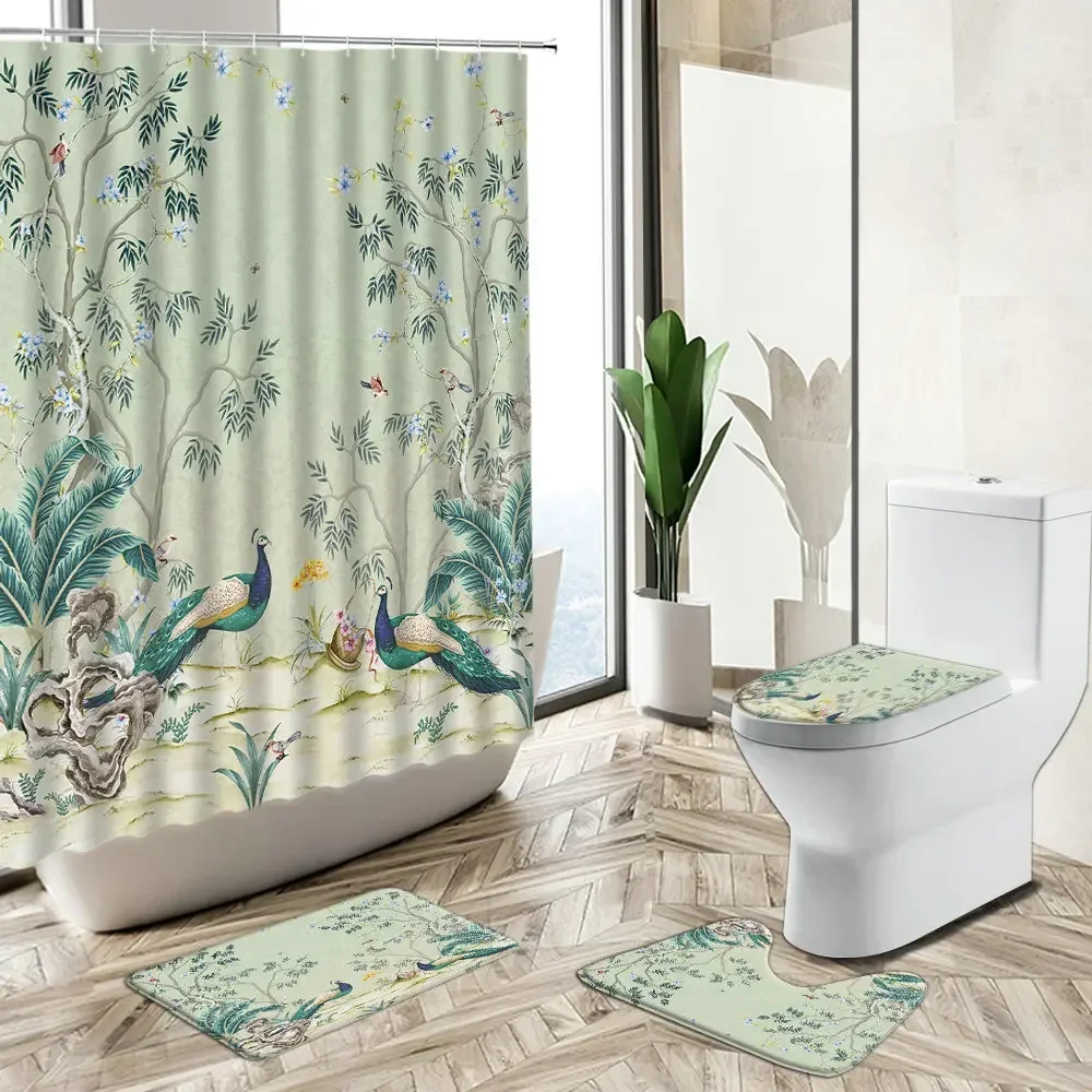 Peacocks Feather Shower Curtains Sets Chinese Landscape Flower Green Plant Bathroom Decor Non-Slip Carpet Toilet Cover Floor Mat