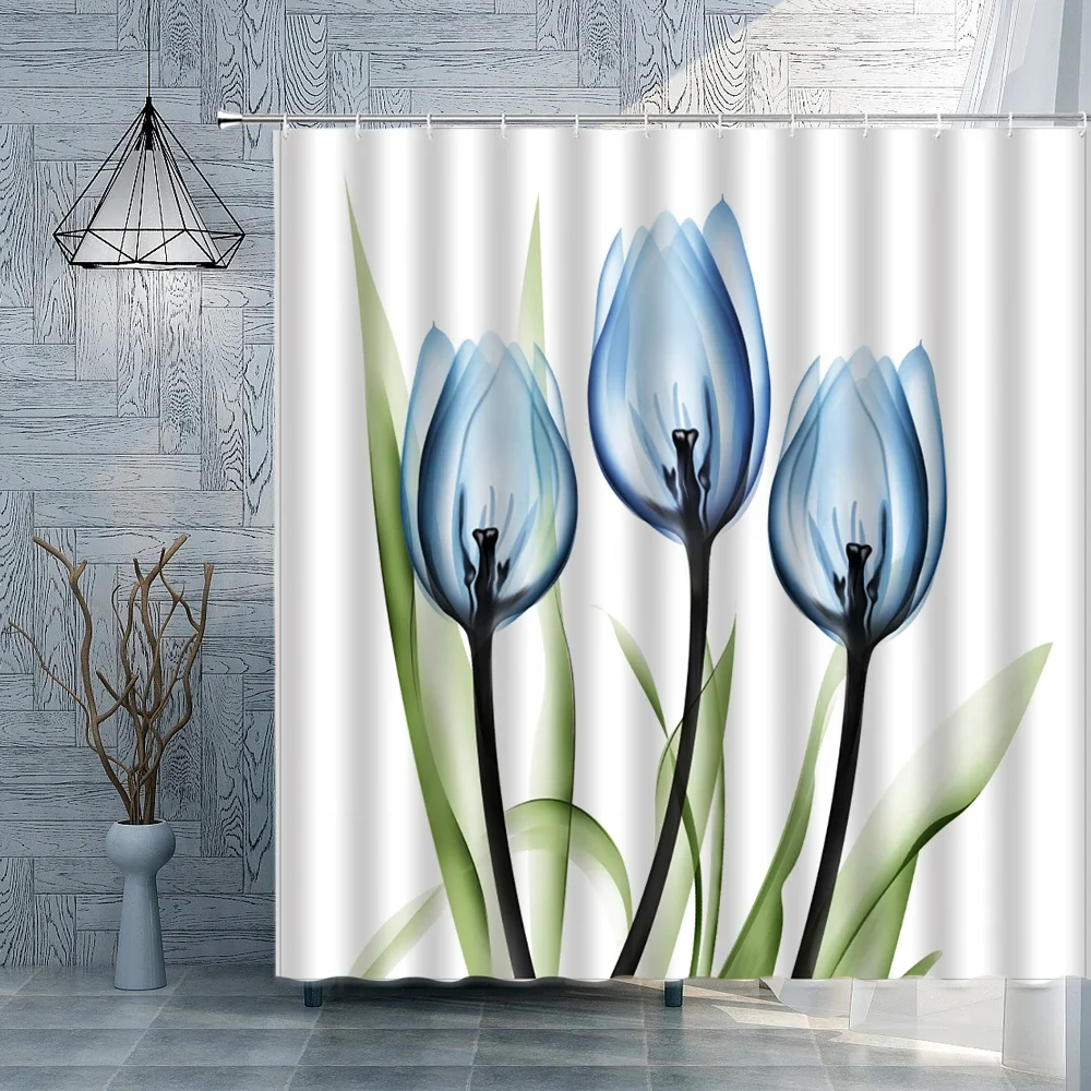 

Flower Plant Shower Curtain Modern Simple Water Color Print Pattern Bathroom Curtains Polyester Fabric Home Bath Decor With Hook