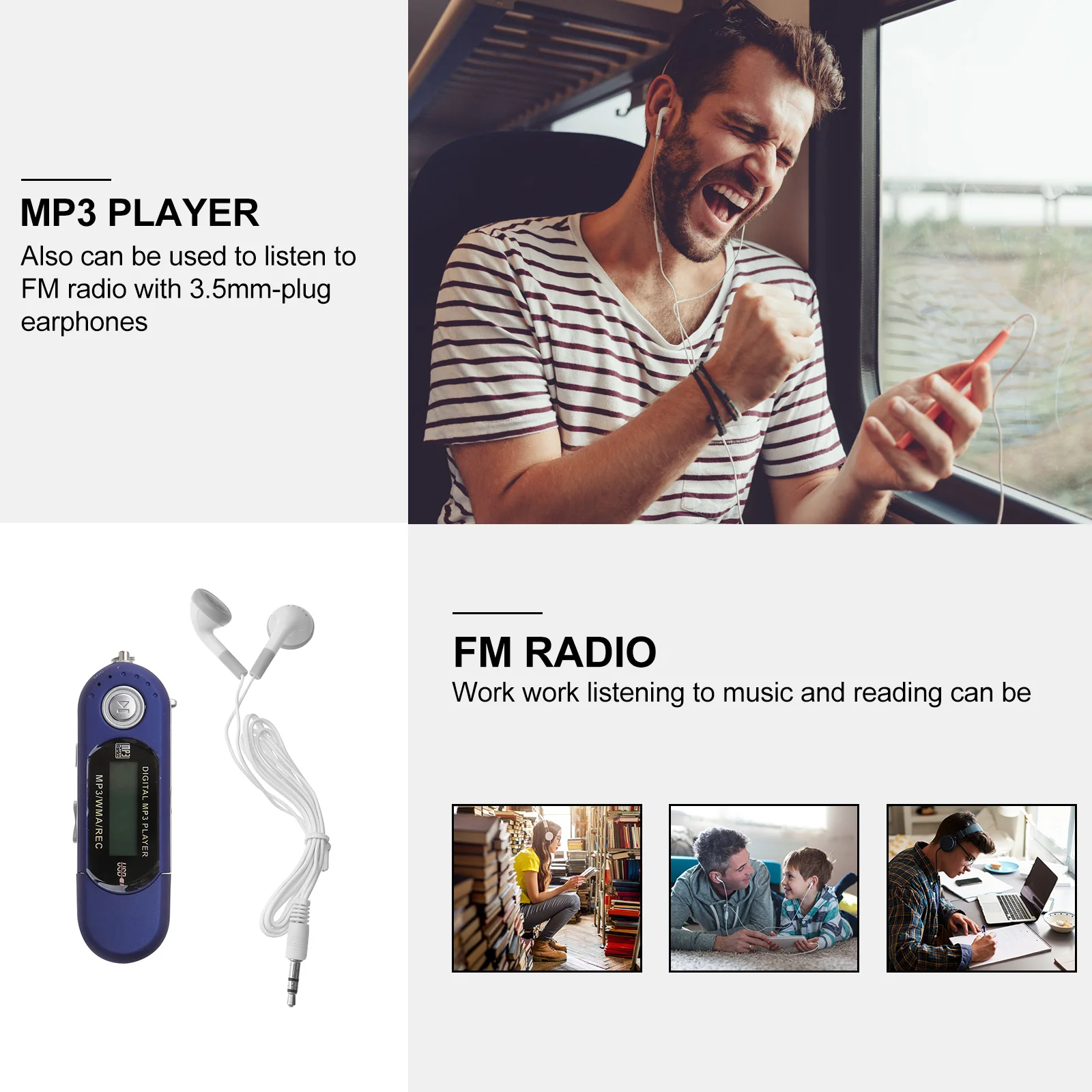 مشغل Mp3 رقمي، شاشة LCD 3 بوصة، ذاكرة داخلية 4 جيجابايت، محرك فلاش USB محمول، راديو Fm، ميكروفون 3.5 ملم، مقبس صوت مدمج