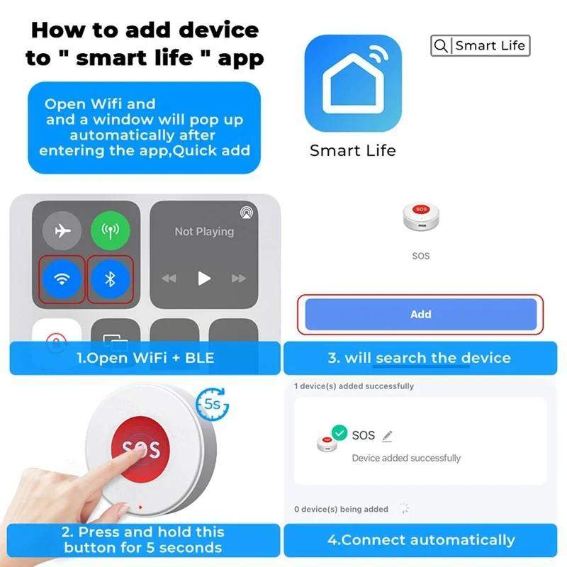 Tuya WiFi SOS Pulsante di chiamata antipanico APP Smart Life Batteria ricaricabile Allarme con una chiave per pazienti Bambini Anziani Corda sospesa
