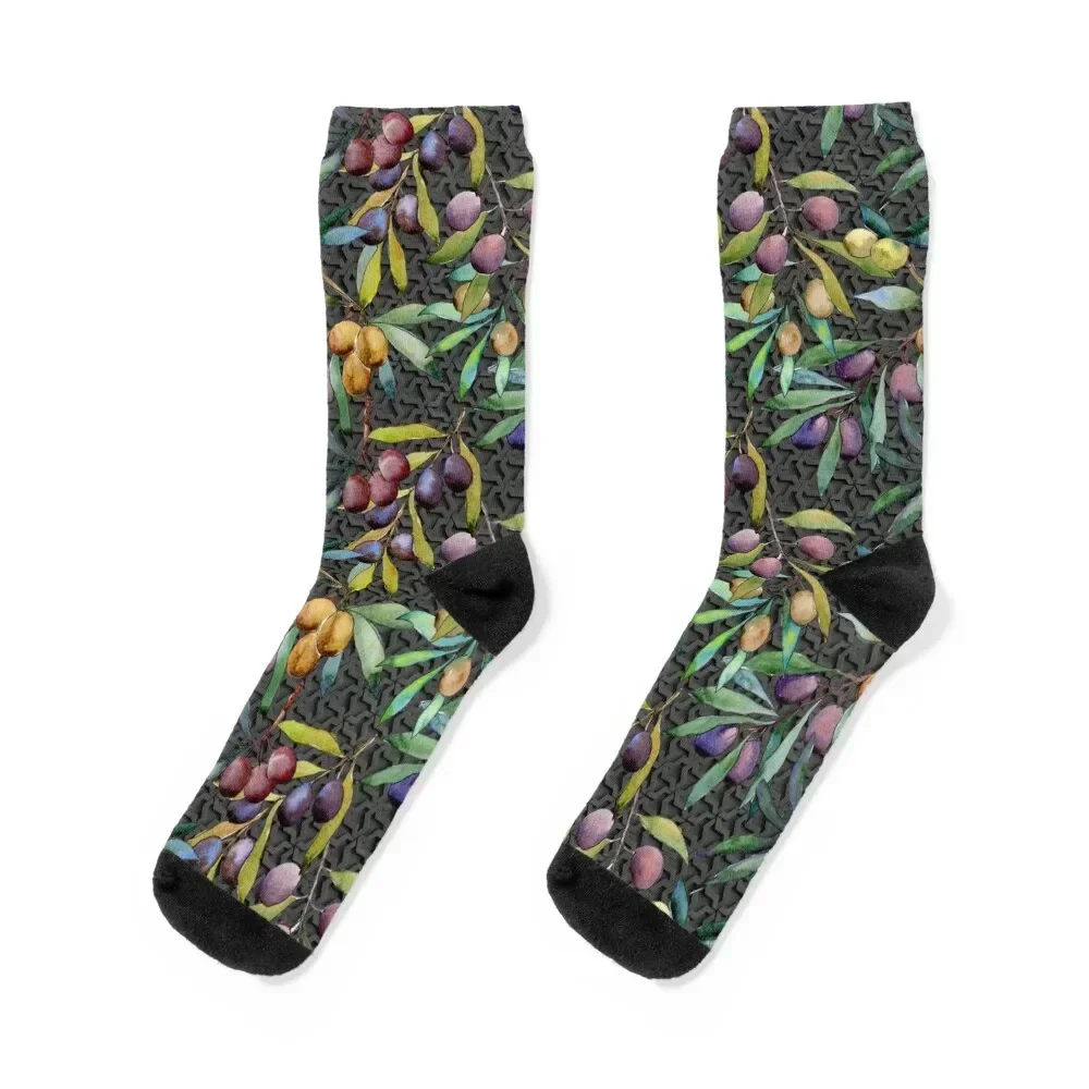 Olives On The Tree With Black Geometric Background Socks Stockings man bright garter luxury custom Man Socks Women's