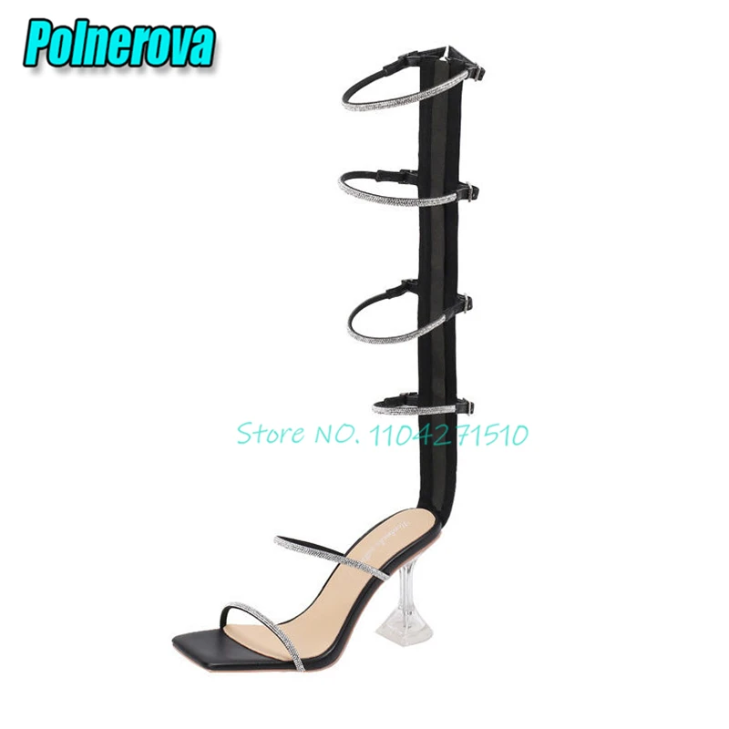 Rhinestone Strap Gladiator Sandals Summer New Open Toe 7.5CM Transparent Heel Back Zipper Long Boots Fashion Elegant Women Shoes