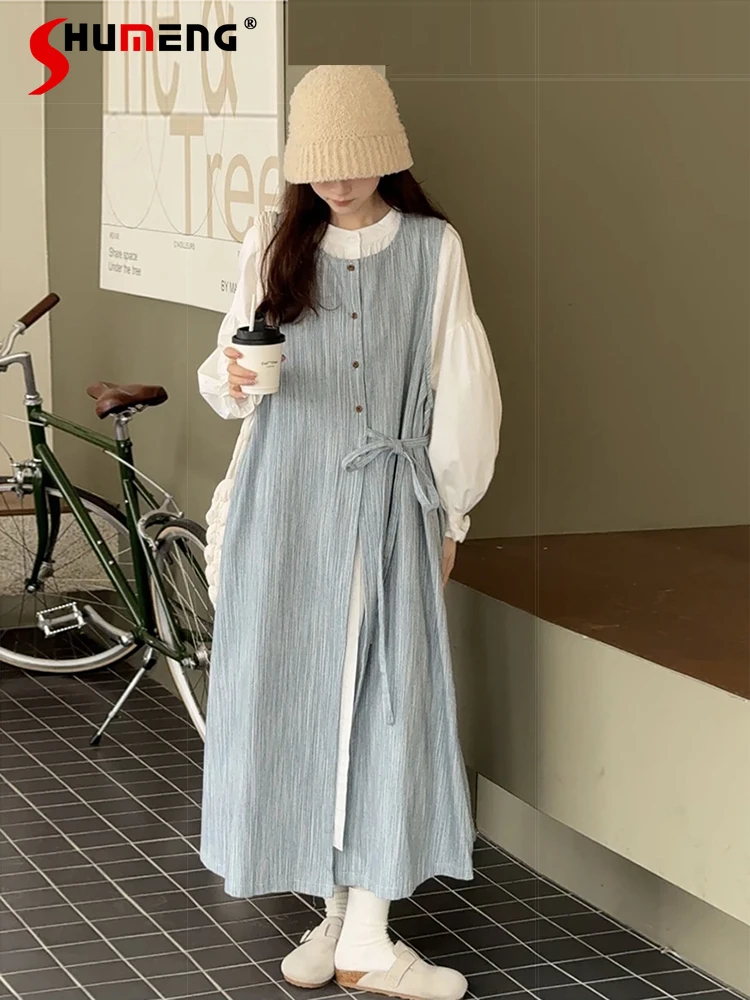 Japanese Style Retro Cotton Linen Vertical Stripes Sleeveless Vest Dress All-Match Loose Long Shirt Dress Two-Piece Set Women