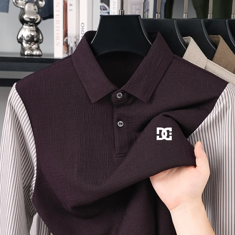 Herbst Neues Herren-Polohemd mit Kontrastfarben-Print, Falsches Zweiteiler-Design, Weiches Langarm-T-Shirt für den Alltag, Lässige Herrenbekleidung – Detail 4