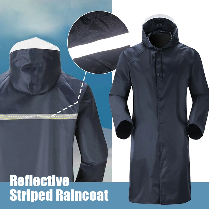 

Unisex Adult Long Raincoat With Reflective Strip 21D Oxford Cloth PVC Coating Rain Coat Camping Waterproof Hooded Rainwear Suit