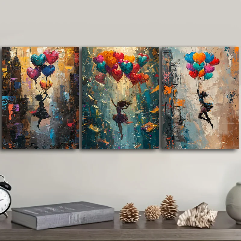 Framed Canvas Wall Art Painting 30x40cm (11.81x15.74inch)x3pcs girl is flying on colorful balloons for Home, Living Room, Coffee
