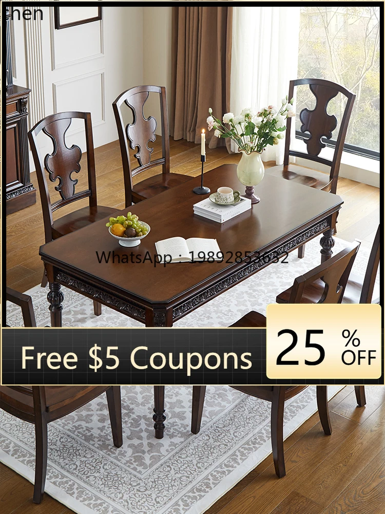 

pure solid wood dining table and chair combination carved log rectangular large apartment restaurant household dining table