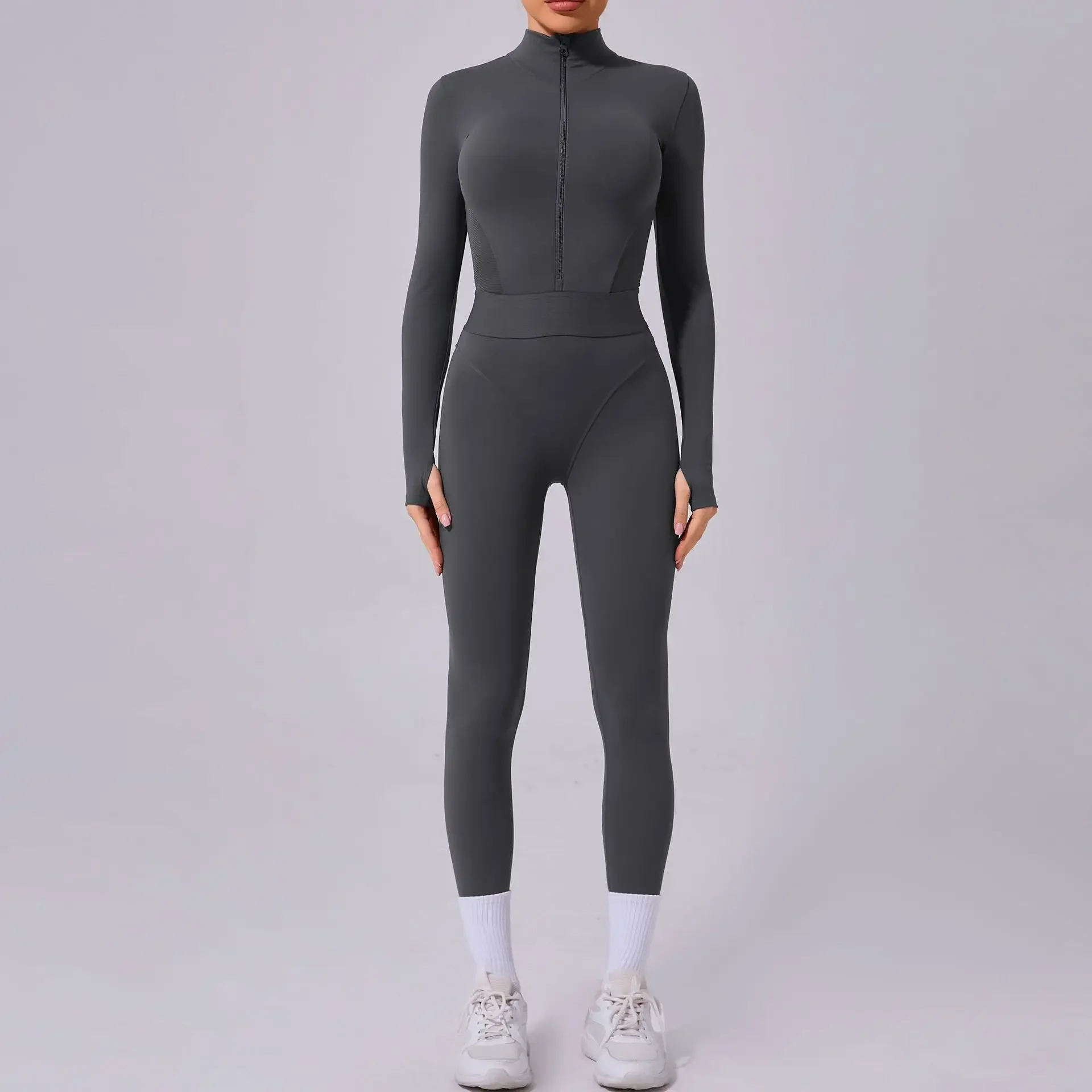 Mono deportivo de cuerpo entero con retales de malla para mujer, ropa deportiva de manga larga con cremallera, monos ajustados para Fitness, ropa para gimnasio y Yoga