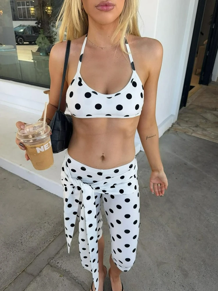 

FDYOUI 2026 Summer Halter Neck Super-short Corset Top+bandage Knee Length Pants 2 Piece Set Polka Dot White Tracksuit Streetwear