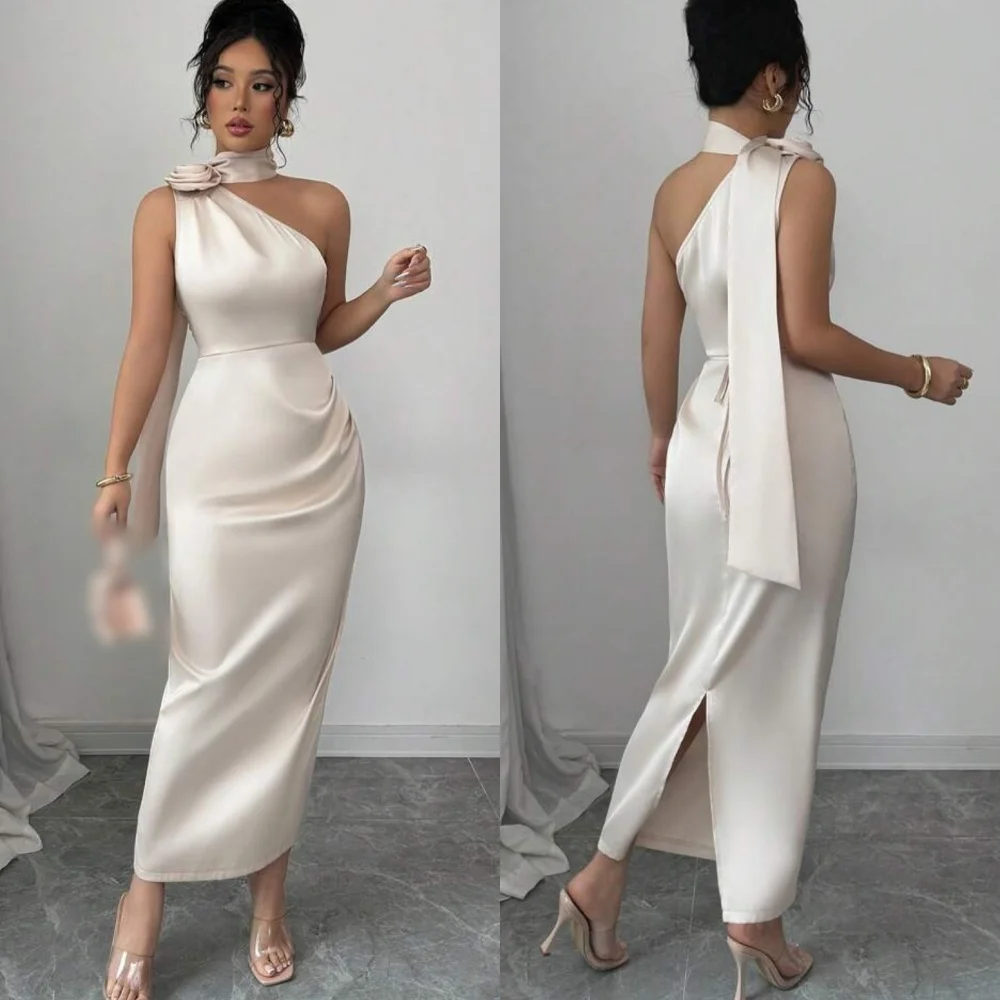 Customized Modern Style Charmeuse Flower Pleat Straight Halter Midi Dresses Bespoke Occasion Exquisite