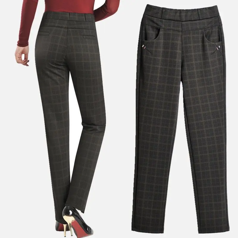 

Spring/autumn Women's Clothing Solid Color Plaid Elastic High Waist Pockets Casual Fashion Trousers Straight Office Lady Pants