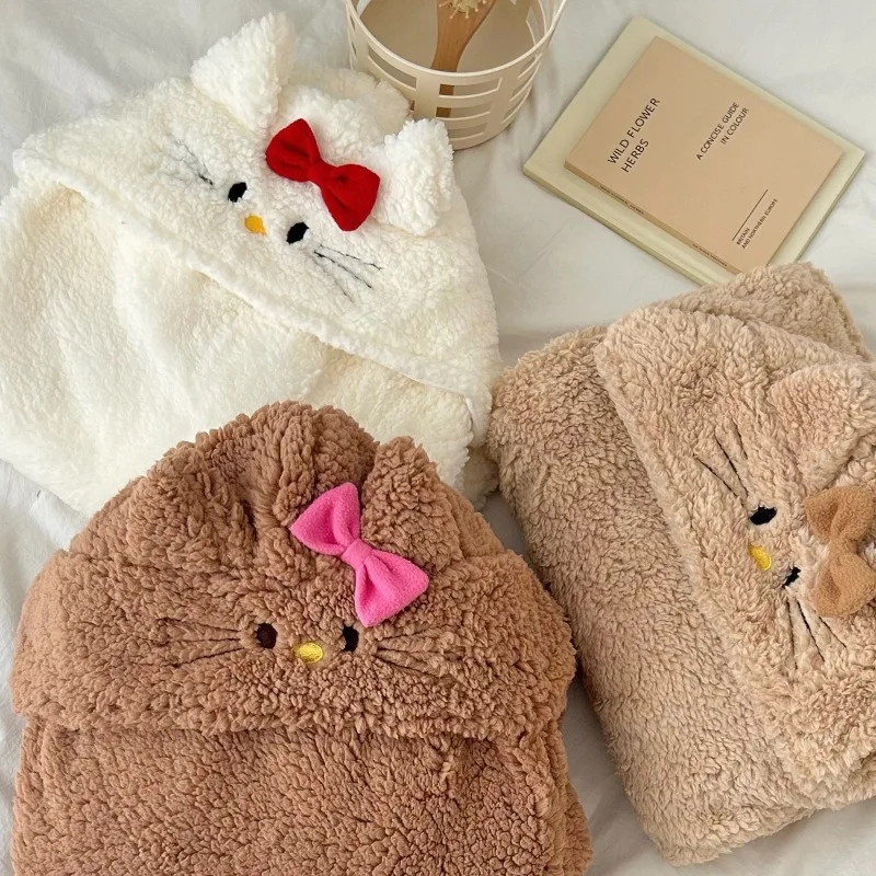 بطانية بقلنسوة على شكل قطة كرتونية للبالغين، بطانية صوف دافئة يمكن ارتداؤها، رأس مريح لقيلولة الأريكة والسفر