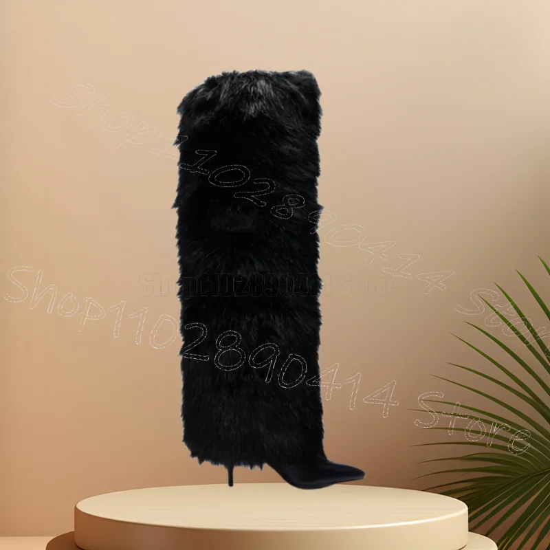 Beige Fur Turned Over Pointed Toe Boots Slip On Women Shoes Thin High Heels Fashion Party Runway Dating 2025 Zapatos Para Mujere