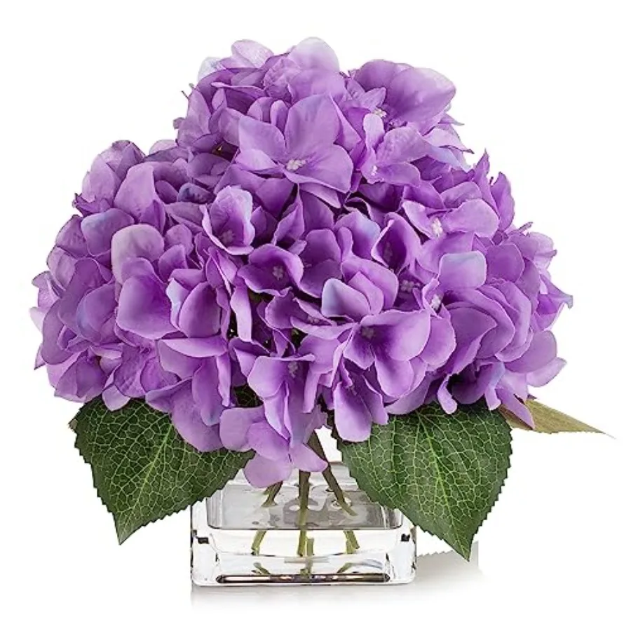 

Silk Hydrangea Artificial Flowers in Vase with Faux Water, Silk Flower Arrangements in Vase for Home Decor, Wedding Table