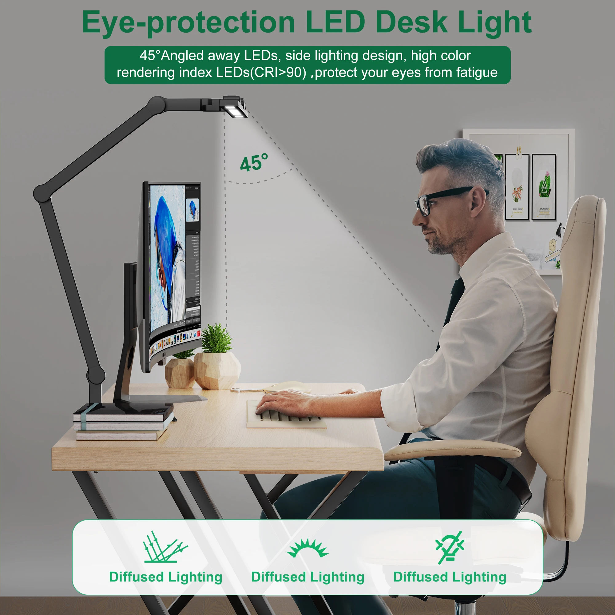 Aiopp LED-Schreibtischlampe mit breiter Beleuchtung und 3 Klammern, Augenschutz, dimmbar, Timer-Funktion, flexibler, verstellbarer Metallarm, Clip-Licht für Dual-Monitor, Home-Office, Designer-Arbeitsplatz – Detail 4