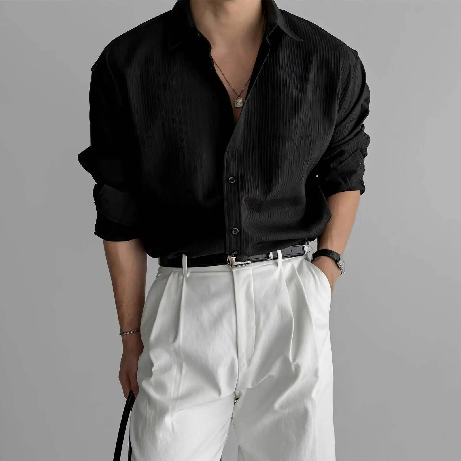 Men's Black White Long Sleeve Shirt High End Vertical Texture Mature Style Versatile Wrinkle Resistant Casual Business Shirt