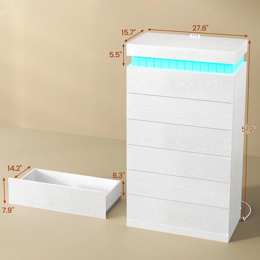 Moderne hohe weiße Schlafzimmerkommode mit 6 Schubladen, LED-Beleuchtung und Steckdose, schwebender Stil für die Aufbewahrung im Schrank, große Kommode