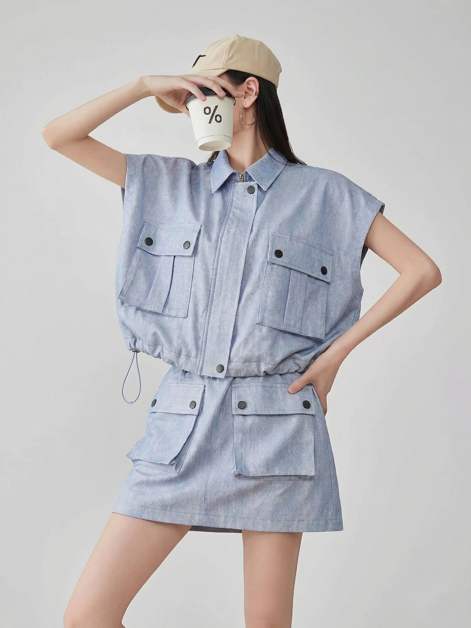 

Casual Style Women's Two-Piece Set Short Sleeve Turn-down Collar Top High Waist Short Skirt Loose Fit Summer Fashion Ensemble