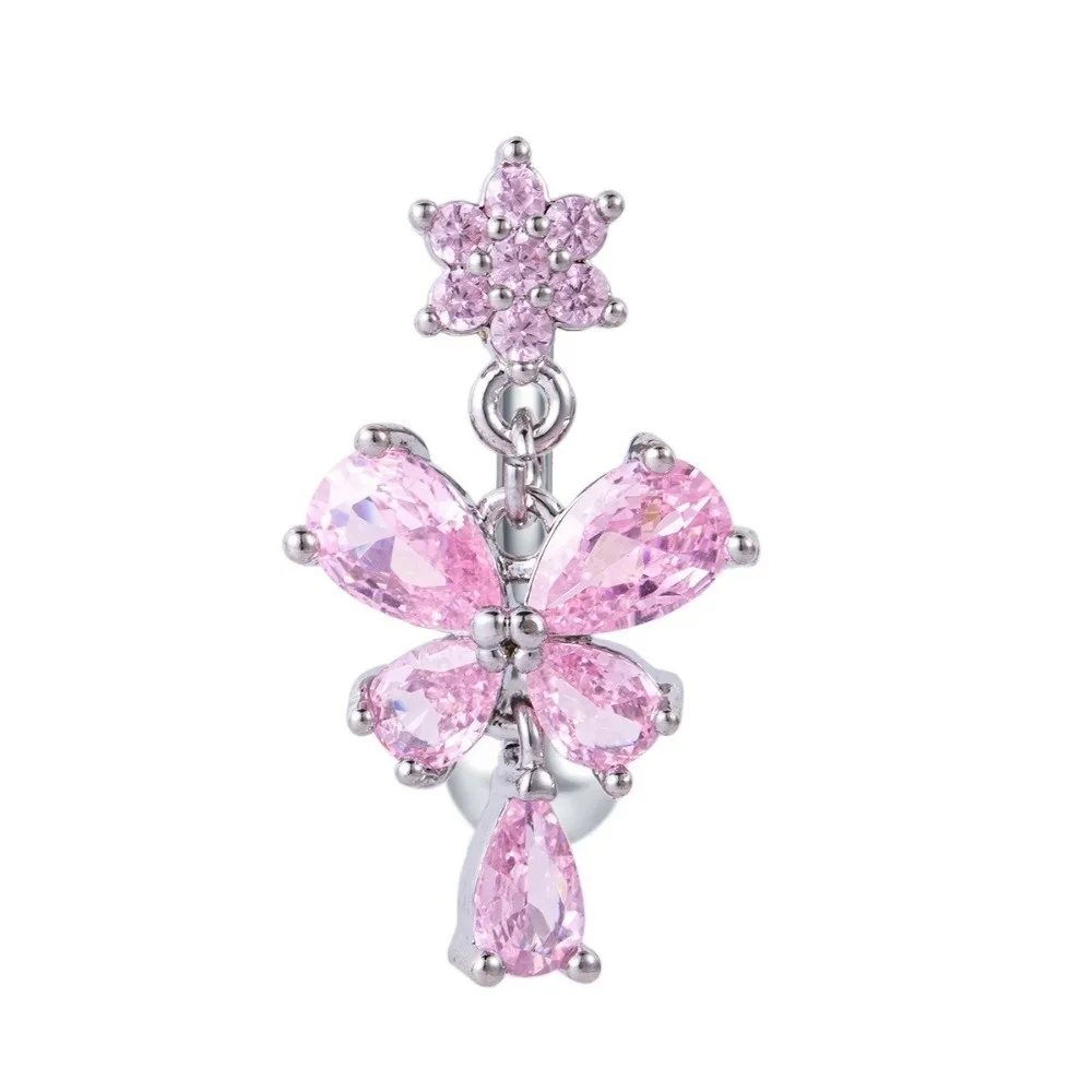 Zircon Bow Belly Button Rings Butterfly Design 316 Stainless Steel Dangle Belly Rings Cute Flower Head Reversed Navel Rings