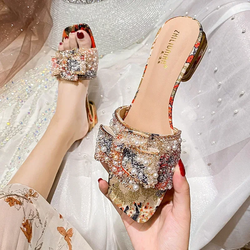 Pearl Slippers Female Summer Wear Out Coarse Heel Color Everything Fashion Rhinestone Sandals Large Size Women's Shoes 41