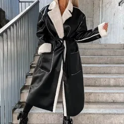 New Autumn/Winter Casual Leather Thickened Windbreaker with Pockets Long Windbreaker with Belt Loose Fashion Coat for Women