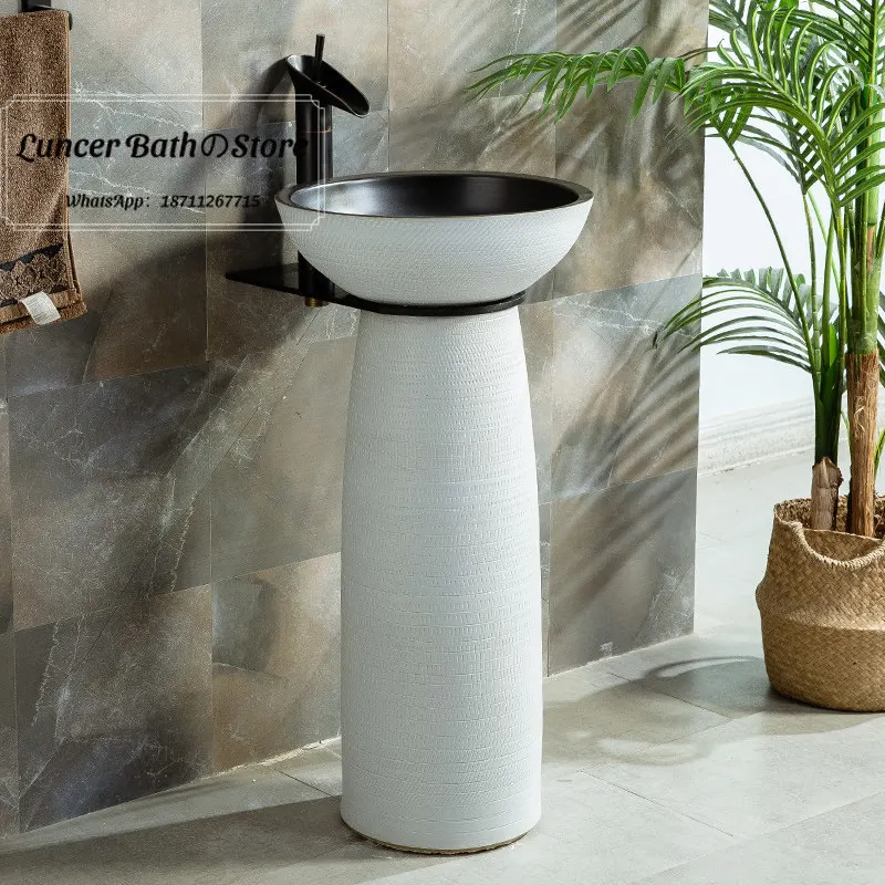 Balcony Pedestal Sink, Outdoor Courtyard Wash Basin, One Piece Floor Standing Vanity Sink with Carved Design for Home